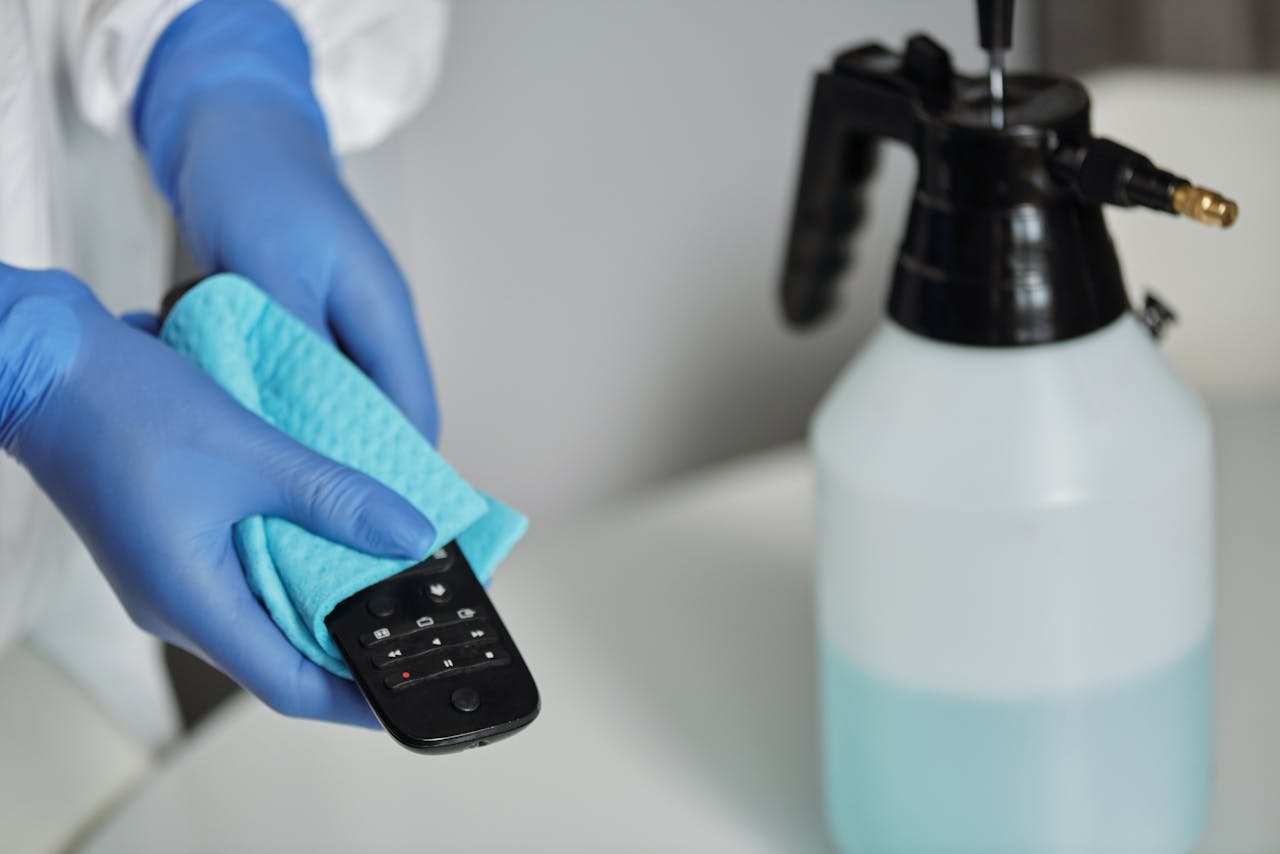 services-03 Close-up of gloved hands disinfecting a remote control with a cloth and spray bottle.